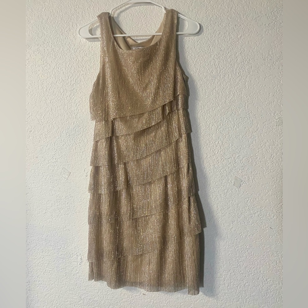 Dressbarn metallic Gold champagne tiered sleeveless dress size 8